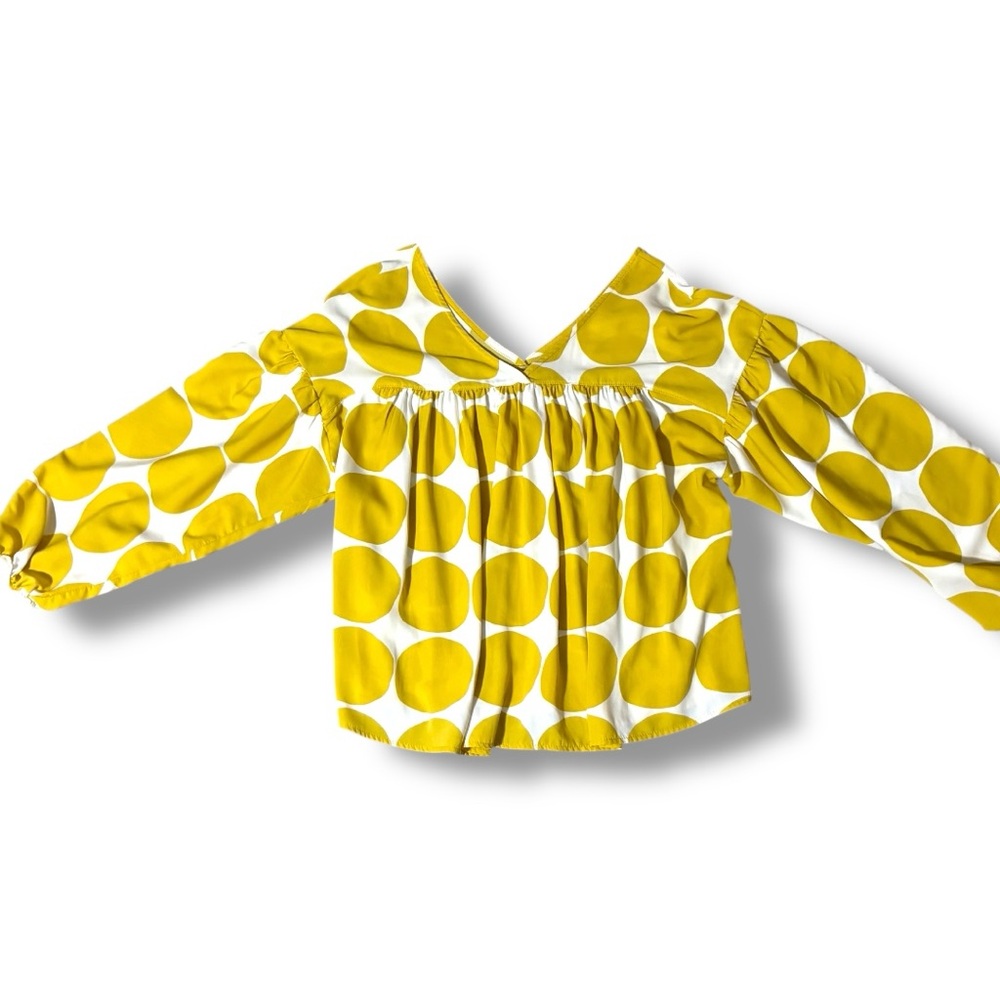Ces Femme Yellow and White Long Balloon Sleeve Lightweight Flowy V-Neck Blouse - Picture 9 of 16
